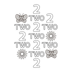Numeral and word two, butterfly, flowers. Coloring page.