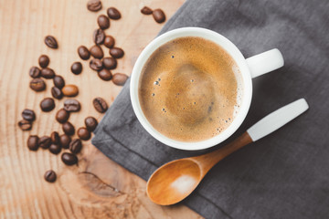 Steaming espresso coffee cup top view