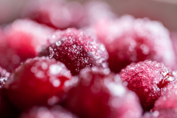 Cherry jam. Close up of simmering homemade cherry jam. Cherry and sugar crystal. Stewed cornel...