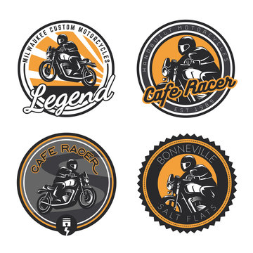 Set of retro motorcycle round emblems and badges isolated on white background. 