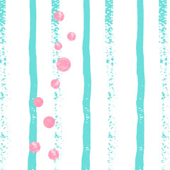 Pink glitter confetti with dots on turquoise stripes. Shiny random falling sequins with sparkles. Design with pink glitter confetti for party invitation, bridal shower and save the date invite.