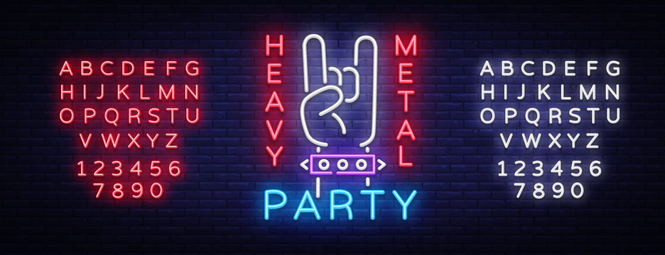 Heavy Metal Party Neon Sign Vector. Rock music logo, night neon signboard, design element invitation to Rock party, concert, festival, night advertising, light banner. Vector. Editing text neon sign