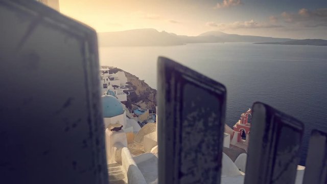 Santorini Greece. Famous village of Oia streets. Amazing atmosphere of morning peace. Sunrise peace.