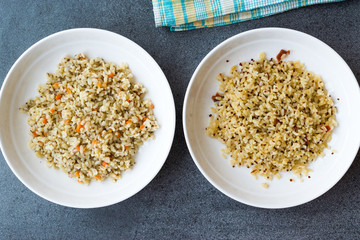 Cooked Bulgur Rice with Chia Seeds and Quinoa in Plate Ready to Eat. / Bulghur for Pilav or Pilaf