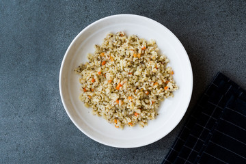 Cooked Bulgur Rice with Chia Seeds and Carrot in Plate Ready to Eat / Bulghur for Pilav or Pilaf
