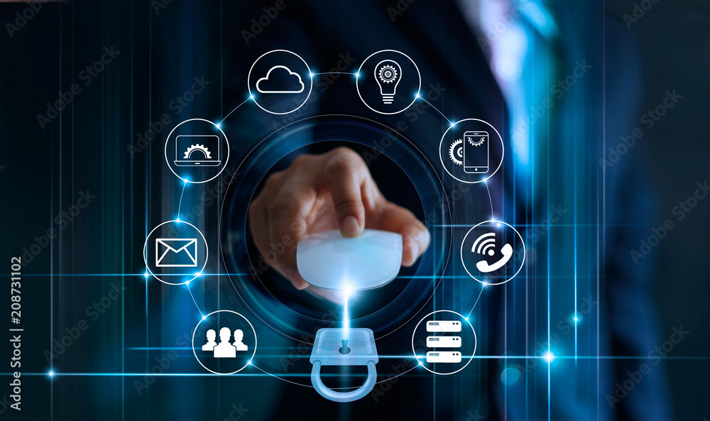 Poster Data protection privacy concept. GDPR. EU. Cyber security. Business man using mouse computer with padlock icon and internet technology network on blue background.