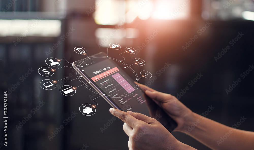 Poster male hand using online banking and icon. technology ecommerce commercial. online payment digital and