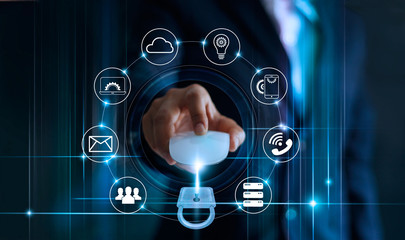 Data protection privacy concept. GDPR. EU. Cyber security. Business man using mouse computer with padlock icon and internet technology network on blue background.