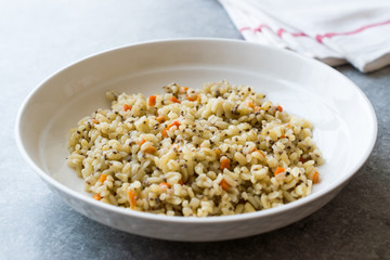 Cooked Bulgur Rice with Chia Seeds and Carrot in Plate Ready to Eat / Bulghur for Pilav or Pilaf