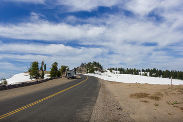 A scenic highway (Rim Drive) in Crater Lake National Park, Oregon, USA