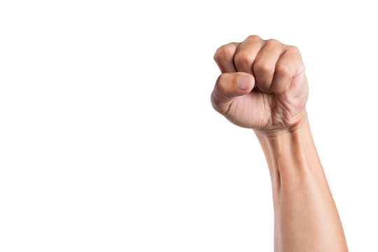 Clinched fist raised up isolated on white background