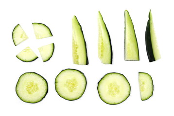 Cucumber slices isolated on white background, top view