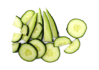 Cucumber slices isolated on white background, top view
