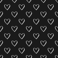 Valentine's Day seamless pattern with white watercolor heart outlines on black background