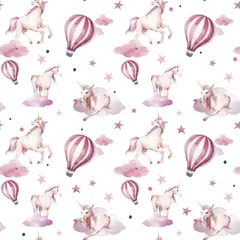 Wall murals Animals with balloon Watercolor unicorn, clouds, polka dots and hot air balloon seamless pattern. Hand painted fairytale texture on white background. Cartoon baby wallpaper design