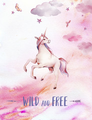 Wild and free. Watercolor unicorn poster. Hand painted fairytale illustration with fantasy animal, moon, clouds, stars on white background. Cartoon baby art © ldinka