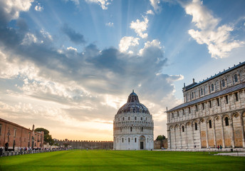 Fototapeta na wymiar Dramatic sunset over the Piazza dei Miracoli or Piazza del Duomo in Pisa Tuscany Italy