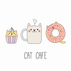 Foto op Canvas Hand getekende vectorillustratie van een kawaii grappige dampende mok beker, cupcake en donut met kattenoren. Geïsoleerde objecten op een witte achtergrond. Lijntekening. Ontwerpconcept voor kattencafémenu, kinderprint © Maria Skrigan