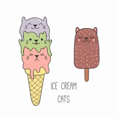 Sierkussen Hand drawn vector illustration of a kawaii funny ice cream cone and bar with cat ears. Isolated objects on white background. Line drawing. Design concept for cat cafe menu, children print. © Maria Skrigan