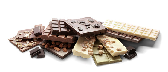 Different chocolate bars on white background
