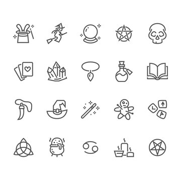 Magic flat line icons. Witch flying flying on broomstick, fortune teller, magician, wizard wand illustration. Wicca, voodoo. Thin signs for witchcraft store. Pixel perfect 48x48. Editable Strokes.