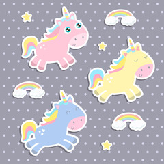 Cute unicorn stickers vector illustration. Flat design.