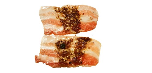 Raw meat, Raw bacon with black pepper isolated on white background, Brisket, bacon strips, cooking food, Prosciutto, Top view, Slices, treaky