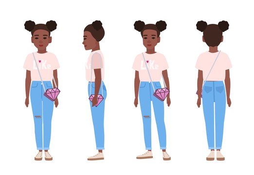 African American teenage girl or teenager wearing blue ragged jeans, pink t-shirt and sneakers. Flat cartoon character isolated on white background. Front, side and back views. Vector illustration.