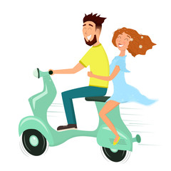 Happy man and woman in love riding a scooter. Vector cartoon illustration.