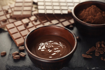 Bowl with tasty molten chocolate on table