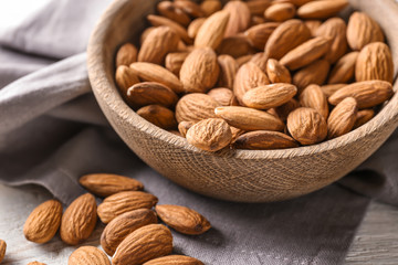 Bowl with almonds on table, closeup