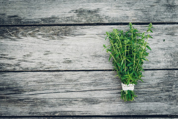 Thyme bunch. Bundle of fresh thymes on a wooden background. Retro magazine picture. Copy space