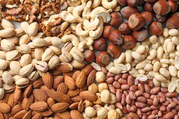 Many different nuts as background