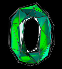 Number 0 zero in low poly style green color isolated on black background. 3d