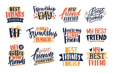 Collection of friends and friendship quotes handwritten with elegant calligraphic fonts. Set of decorative lettering or inscriptions isolated on white background. Design elements. Vector illustration.