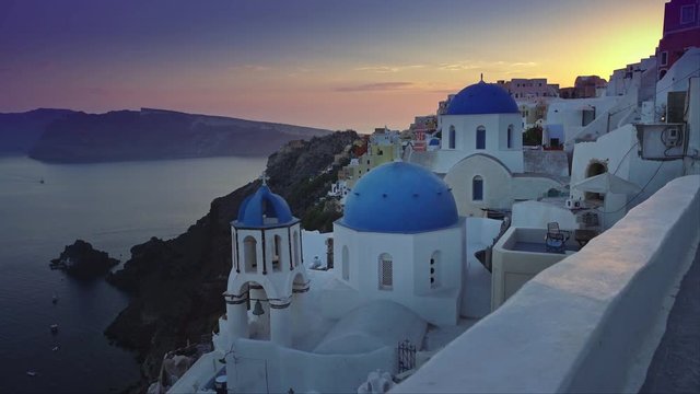 Santorini Greece. Famous village of Oia streets. Amazing atmosphere of morning peace. Sunrise peace.