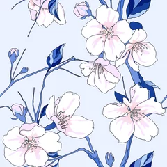 Gordijnen Seamless pattern, hand drawn pink sakura flowers with leaves with leaves on light blue background © momosama