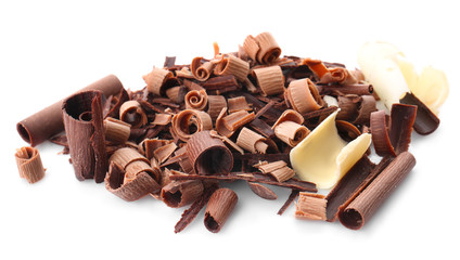 Delicious chocolate curls on white background