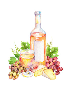 Wine glass with vine leaves, grape berries, cheese. Watercolor