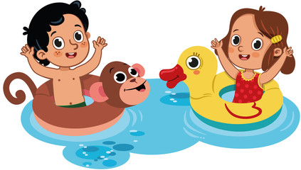 Two little kids having fun in the water. Outdoor activity. Isolated on white. Vector illustration.