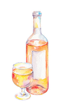 Wine glass, bottle with pink wine. Watercolor