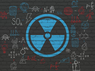 Science concept: Painted blue Radiation icon on Black Brick wall background with Scheme Of Hand Drawn Science Icons