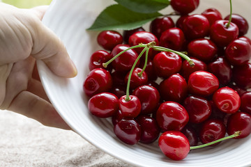 full bowl with fresh ripe cherries poured out