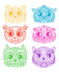 Owls. Heads. Design Zentangle. Hand drawn owl with abstract patterns on isolation background. Design for spiritual relaxation for adults