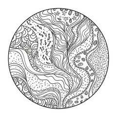 Mandala. Zen art. Zentangle. Circle pattern with lines and waves. Universal geometric texture. Dinamic nautical background. Lineal wallpaper. Coloring book. Design for spiritual relaxation for adults