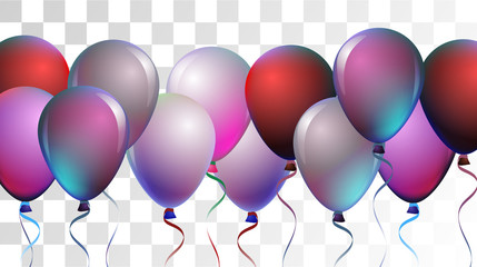 Bright Realistic Helium Vector Balloons Flying. Happy Birthday, New Year Party Ornament. Neon Modern Holidays Decoration, Air Helium Balloons. Celebration, Music Poster Discount Card Cool Design.