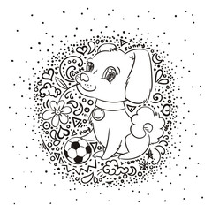 Cute puppy with a soccer ball, card or print concept.