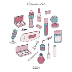 Vector cosmetics set with bottles, lacquer, lipstick, eye shadows, mascara and powder isolated on the white background. Hand drawn makeup products collection.