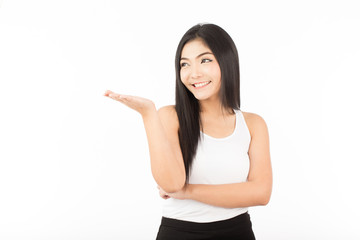 Beautiful Attractive Asian woman smile and open hand palms for display product feeling so happiness and cheerful,Isolated on white background,Beauty Concept