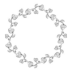 Lavender flowers decorative wreath isolated on white background, Round frame hand drawn doodle vector sketch herbal line art graphic design for greeting card, invitation, wedding design, cosmetic